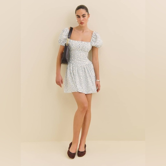 NEW Reformation Marielle Puff Sleeve Mini Sundress Hanna Blue Floral | size 2 - Picture 4 of 13